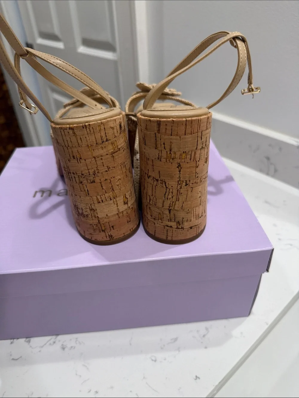 Madden Girl Natural Tan Cork Platform Sandals with Floral Crochet Strap